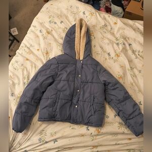 Blue Hooded Puffer Jacket with Tan Lining